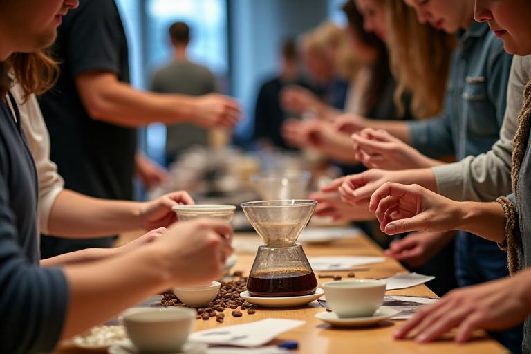 A group of people participating in a coffee brewing workshop